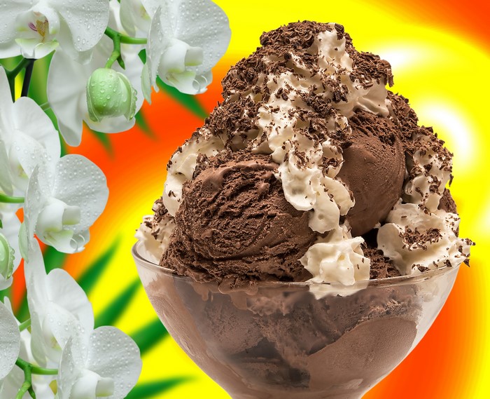 Chocolate ice cream sundae with whipped cream and chocolate shavings
