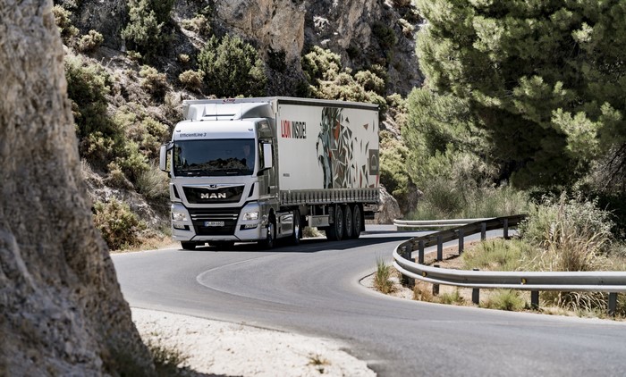 MAN Truck with Lion Inside Trailer on Road
