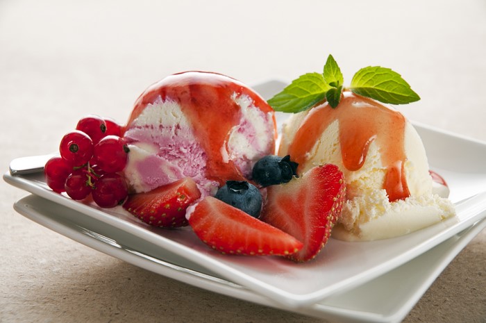 Ice cream with strawberries, blueberries, and currants