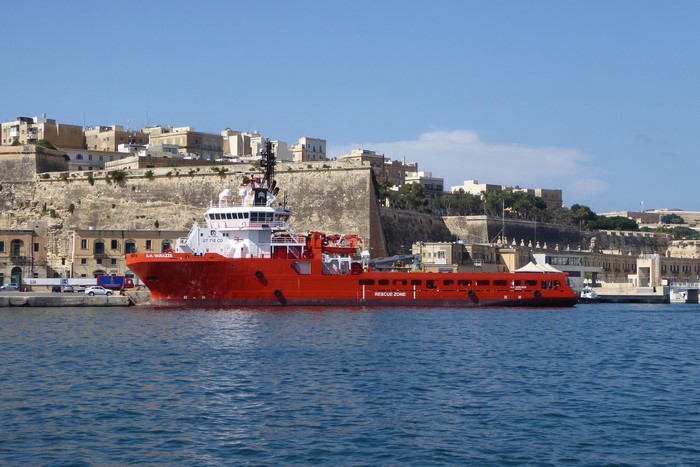 Red rescue ship docked in Valletta, Malta
