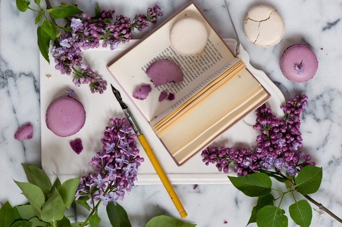 Still-life with Lilac, Book, and Macarons