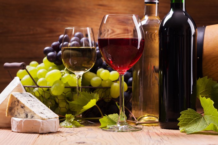 Wine, Grapes, Cheese, and Stemware