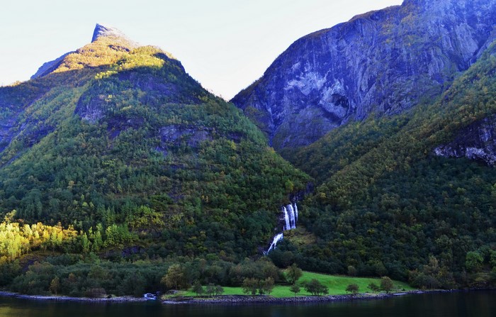 Aurlandsfjorden, Norway: Mountains, Forests, and Waterfall