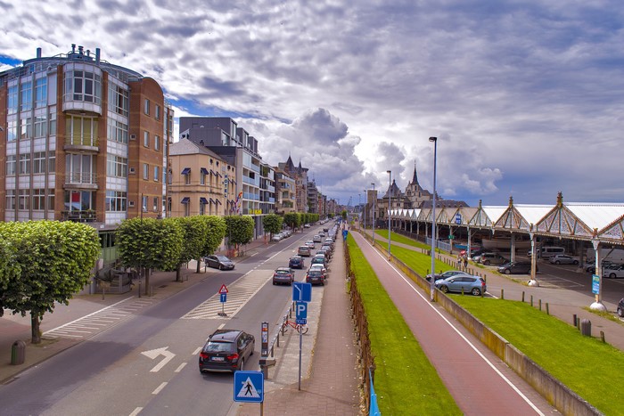 Street view of Antwerpen, Belgium with cars and buildings