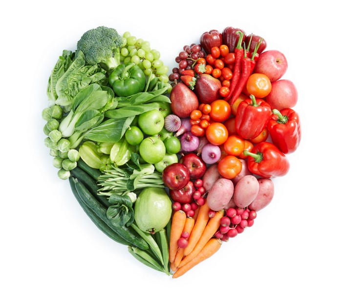 Heart shape of fresh fruits and vegetables