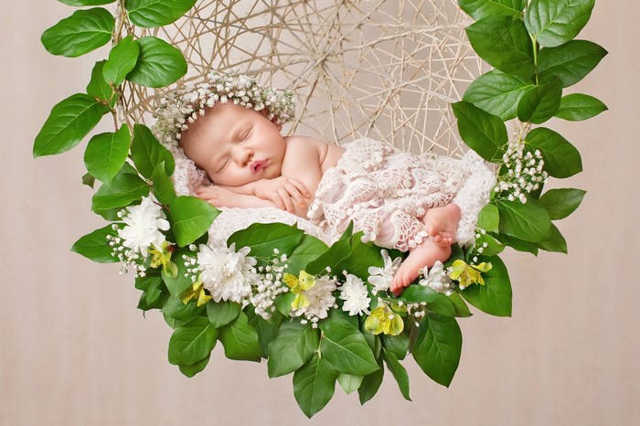 Baby sleeping in a floral swing