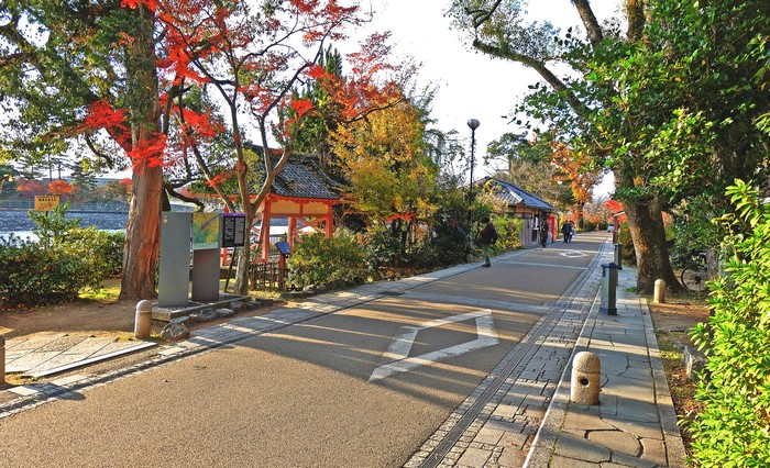Autumn trees and traditional Japanese buildings along a path in Kyoto