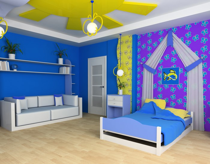 Children's room interior design with bed and sofa
