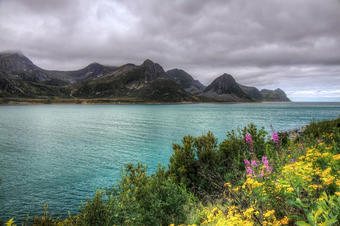 Mountains and fjord in Husoy, Norway