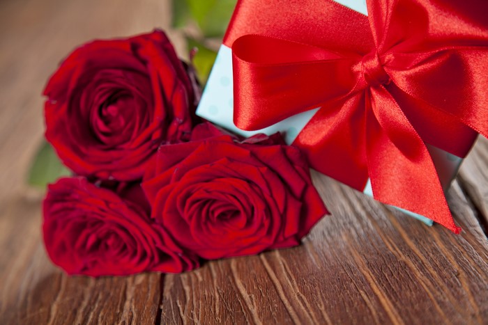 Red Roses and Gift Box with Red Bow