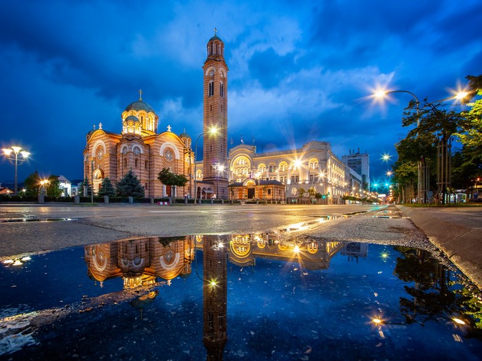 Church in Banja Luka, Bosnia and Herzegovina at dusk with reflection