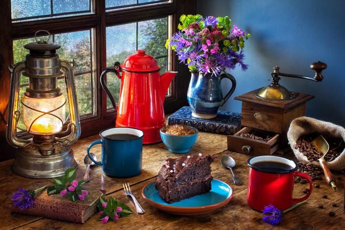 Still life with coffee, cake, and flowers