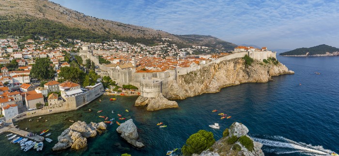 Dubrovnik, Croatia Coastline with Kayakers and Boats
