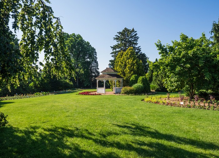 Gazebo in a park with trees and lawn