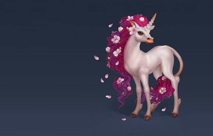 Unicorn with pink mane and flowers by Aleksandra Chelysheva