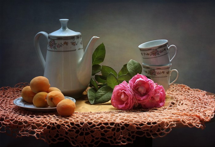 Still life with roses, kettle, apricots, and cups