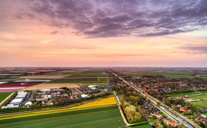 Aerial view of Schagerbrug, Netherlands at sunset