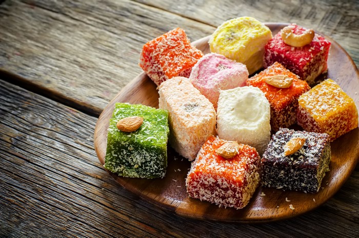 Assortment of Turkish Delight on Wooden Planks