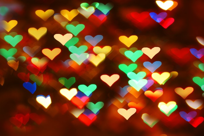 Heart-shaped bokeh lights in various colors