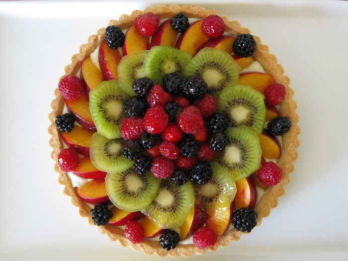Fruit Tart with Kiwi, Peaches, Raspberries, and Blackberries