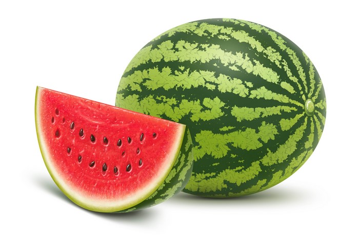 Watermelon slice and whole watermelon on white background