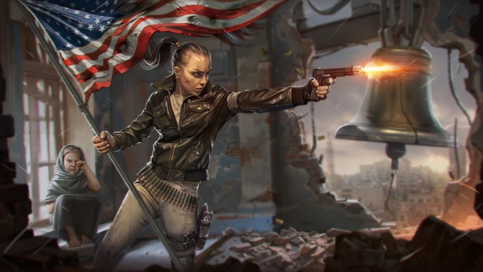 Woman firing pistol with American flag in war-torn city