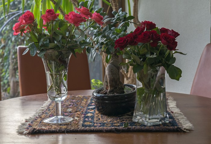 Roses in vases on a table