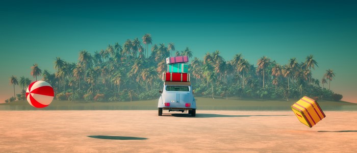 Car with luggage on a tropical island beach