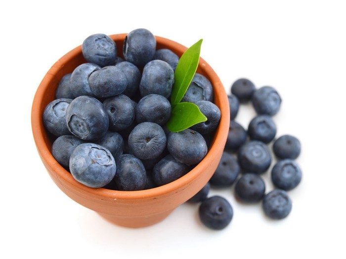Blueberries in a terracotta bowl with a leaf