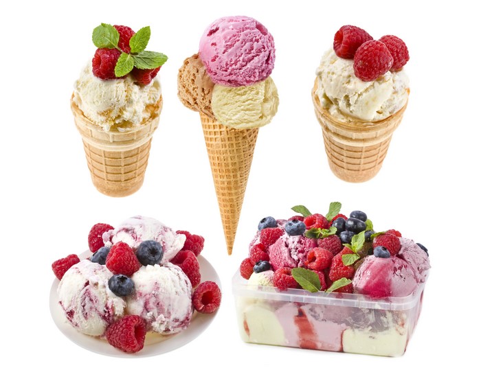 Ice cream with berries in cones and container