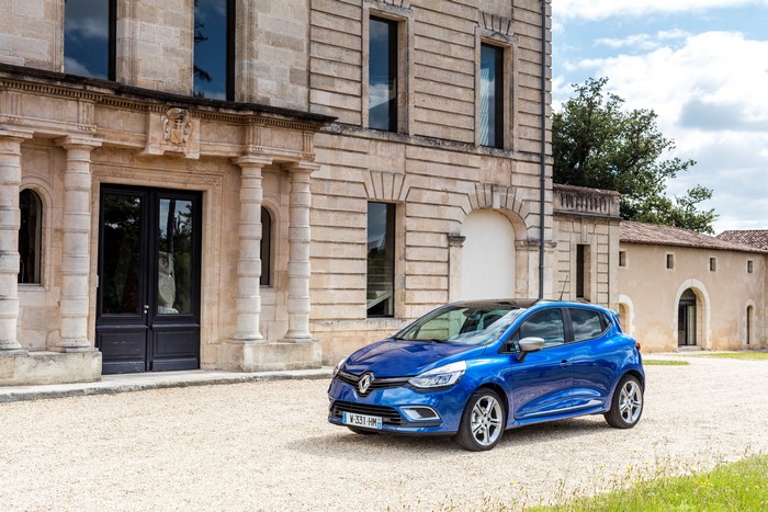 Blue 2016 Renault Clio GT Line parked outside building
