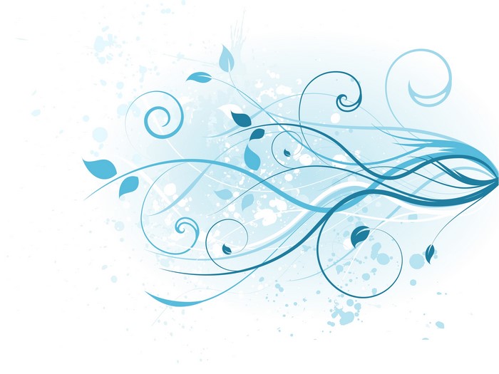 Blue floral swirls and splatters on white background