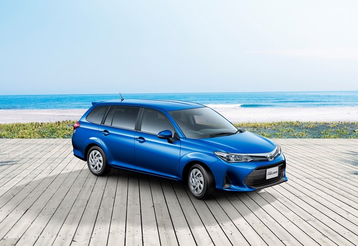 Blue 2017-18 Toyota Corolla Fielder on a Boardwalk