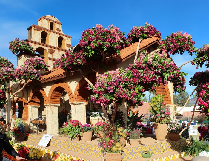Floral float with Spanish mission architecture