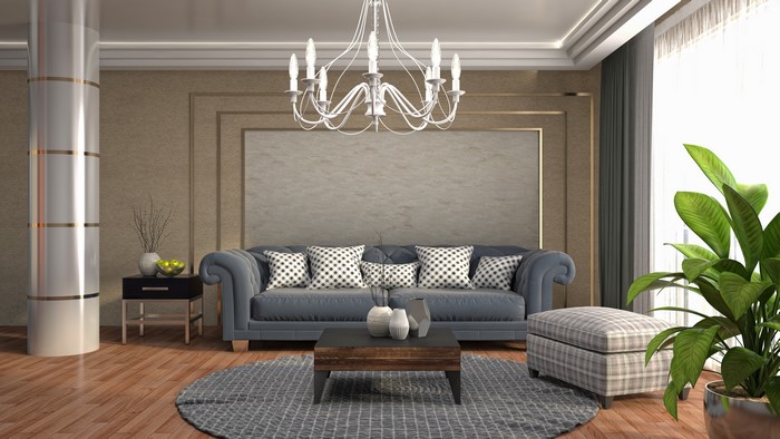 Living room with sofa and chandelier