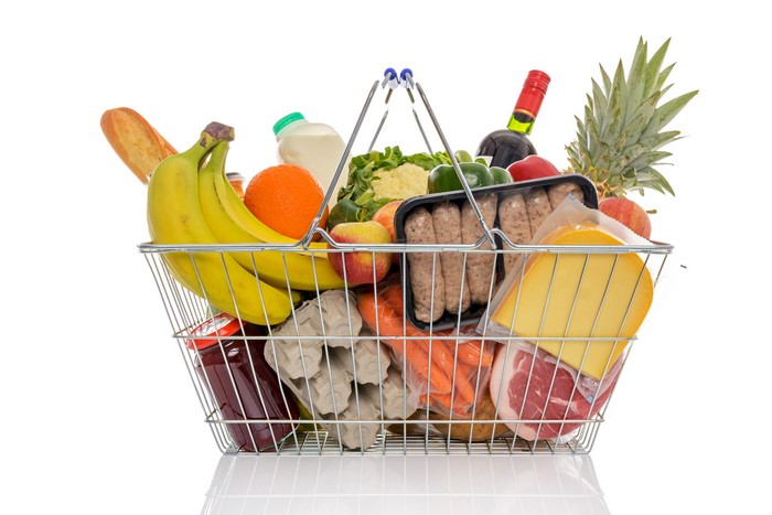 Grocery basket with meat, cheese, fruits, and vegetables