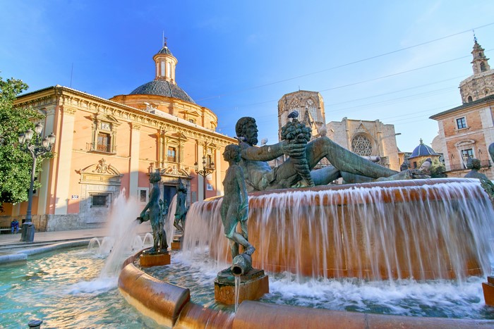 4K Valencia Spain Fountain Sculptures and Buildings
