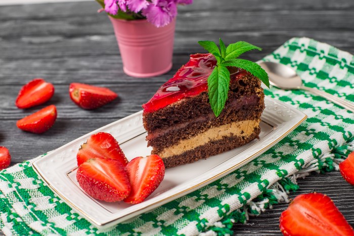Slice of Chocolate Strawberry Cake with Mint