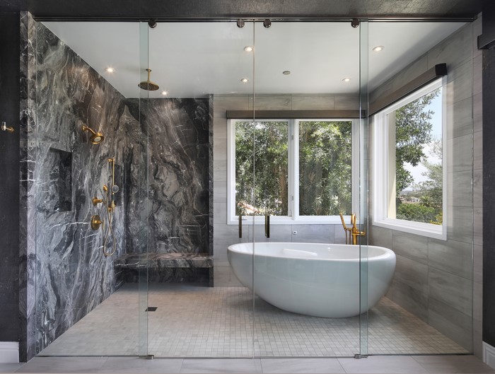 Modern Bathroom with Freestanding Tub and Marble Shower
