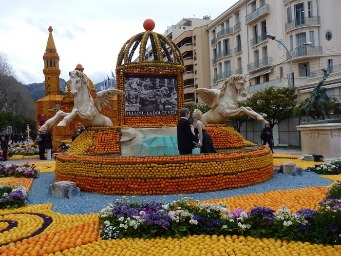 Menton Lemon Festival citrus sculpture with Pegasus and couple