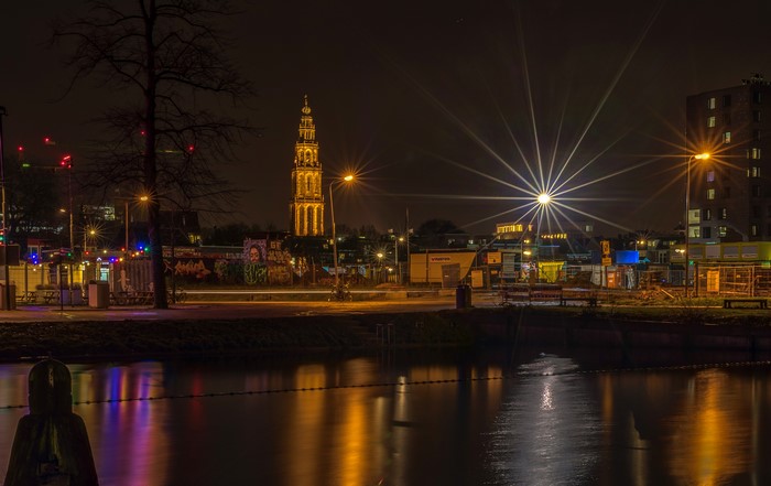 Night view of Groningen tower and river