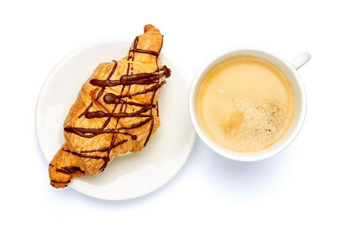 Chocolate Croissant and Coffee on White Background