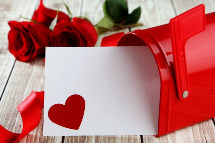 Valentine's Day card with roses and mailbox