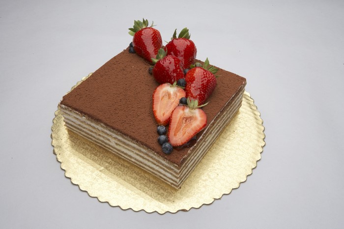 Square Tiramisu Cake with Strawberries and Blueberries