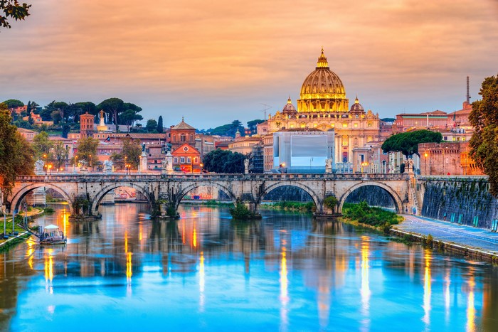 St. Peter's Basilica and Ponte Sant'Angelo over Tiber River at Dusk, Rome