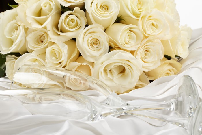 White Roses and Champagne Glasses on Silk