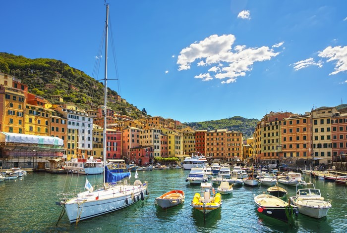 Camogli Marina with Colorful Houses and Boats, Italy