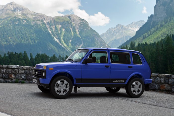 Blue Lada Niva Urban 4x4 car in mountains