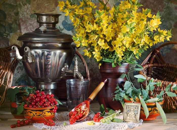 Still-life with Samovar, Currants, and Yellow Flowers