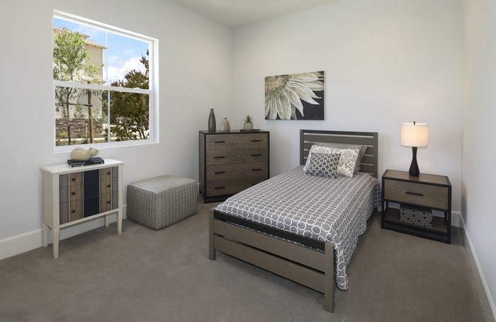 Bedroom with single bed, dresser, and window